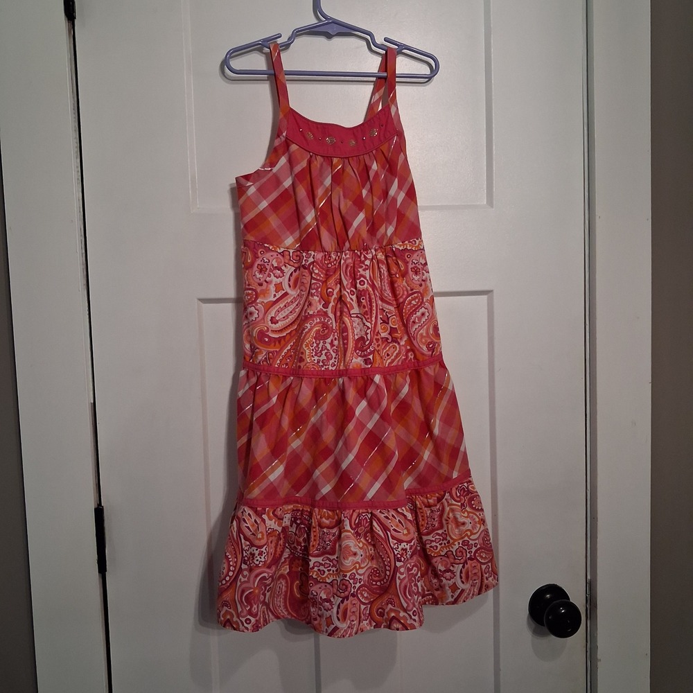 Emily West Girls Pink Orange Paisley Plaid Tiered Maxi Dress Size 8 Smocked Back